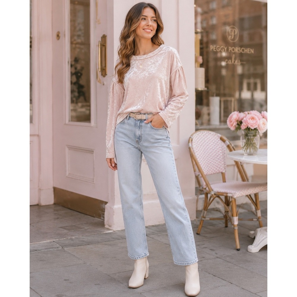 We The Free Free People Pink Velour Relaxed Fit Top Small Pleated Sleeve Blush